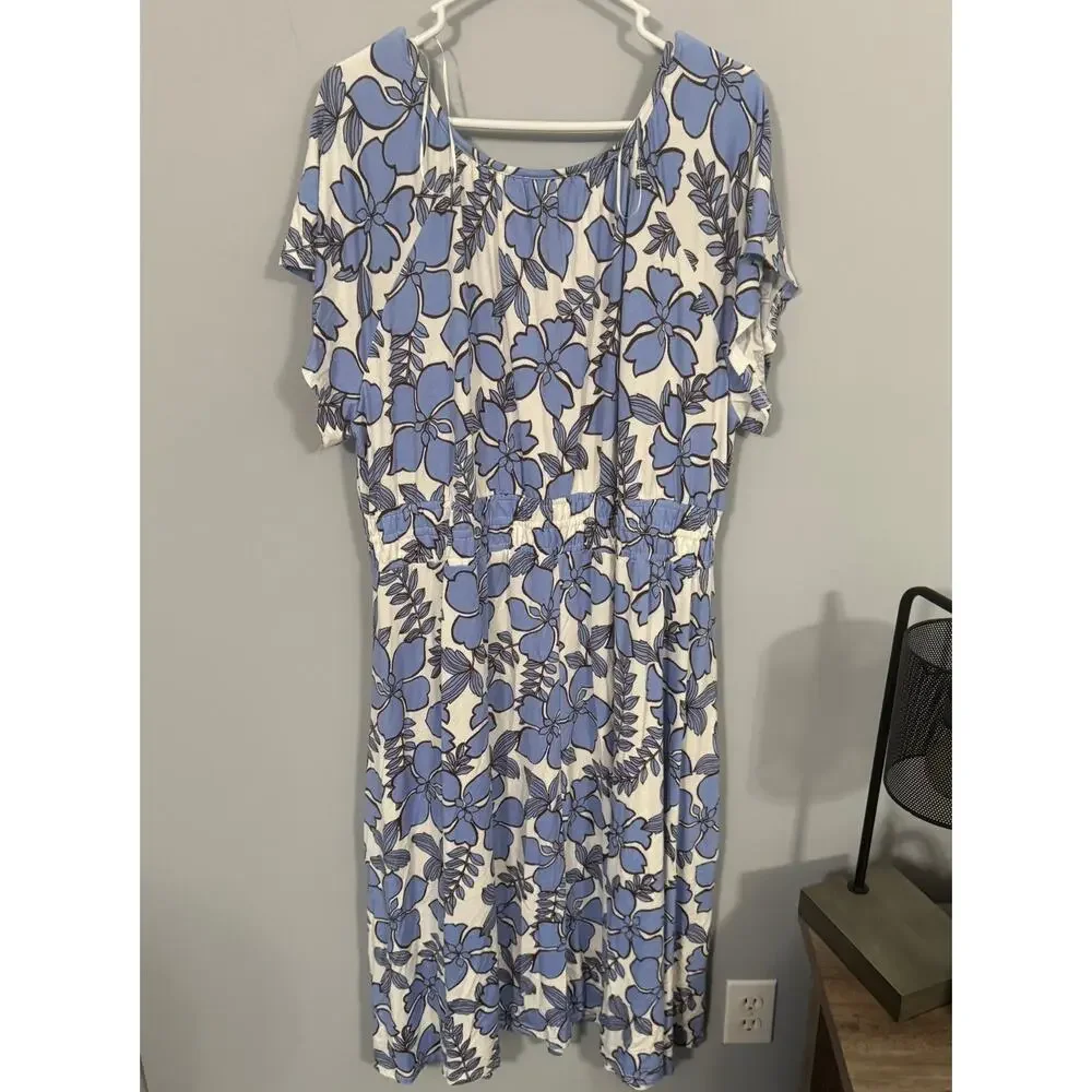 NWT Nicole Miller White Blue Floral Short Sleeve Midi Dress Women's Plus Size 2X - Picture 2 of 11